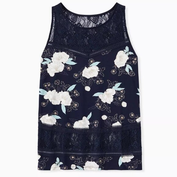 NWT Torrid Navy Floral Lace Inset Tank in Size 1 (14-16) - Picture 1 of 9